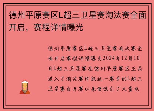 德州平原赛区L超三卫星赛淘汰赛全面开启，赛程详情曝光