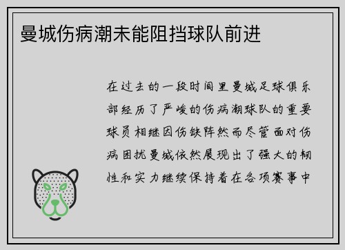 曼城伤病潮未能阻挡球队前进