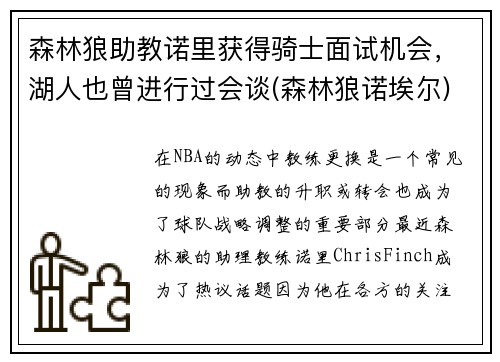 森林狼助教诺里获得骑士面试机会，湖人也曾进行过会谈(森林狼诺埃尔)