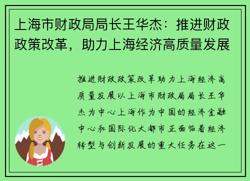 上海市财政局局长王华杰：推进财政政策改革，助力上海经济高质量发展