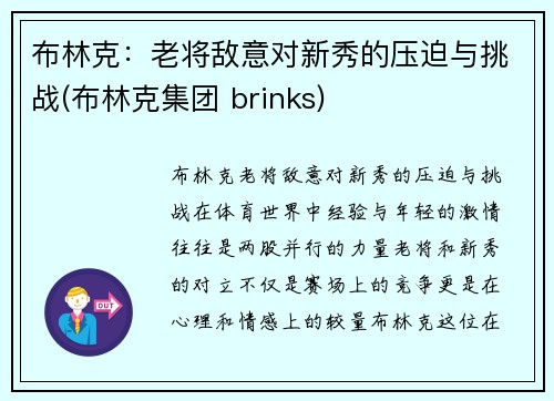 布林克：老将敌意对新秀的压迫与挑战(布林克集团 brinks)