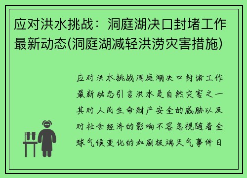 应对洪水挑战：洞庭湖决口封堵工作最新动态(洞庭湖减轻洪涝灾害措施)