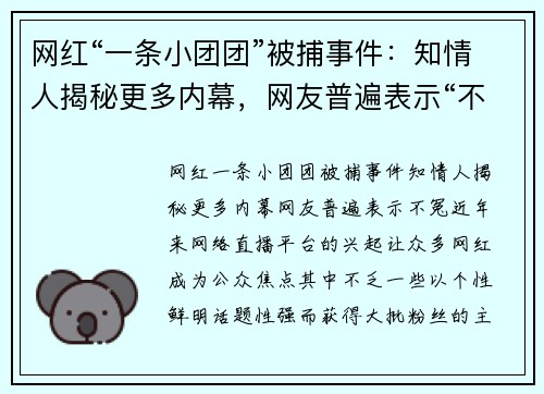 网红“一条小团团”被捕事件：知情人揭秘更多内幕，网友普遍表示“不冤”